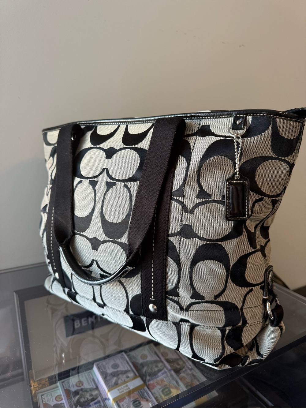 Coach Black and Cream Signature Canvas Tote